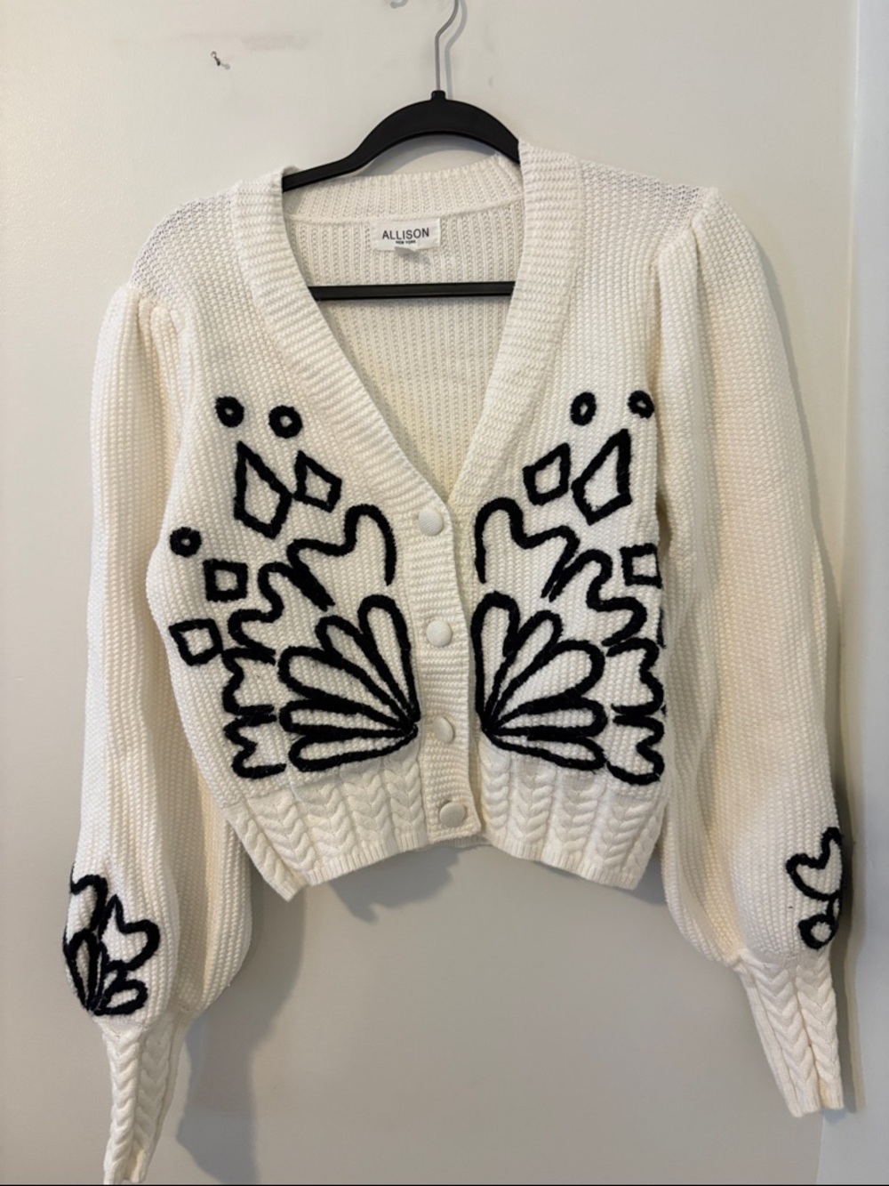Allison White Cropped Cardigan with Black Floral Stitching